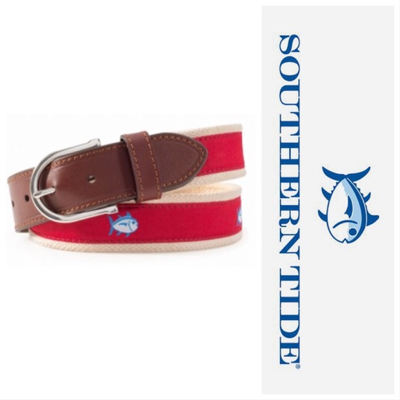 MENS SIZE 34 SOUTHERN TIDE RED//TAN//BROWN SKIP JACK LOGO BELT NWT
